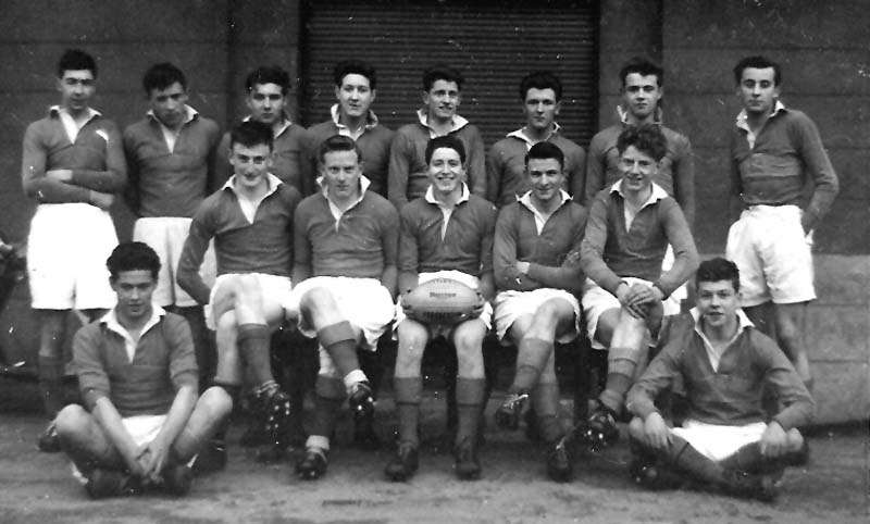 Rugby Team 1st XV 195-59.jpg - Rugby Team 1st XV 1958-59 Back- J McLaughlin, J Hunt, P Martin, R Macari, Jonny Curran, P Nicol, E, Archibauld, Peter Scholfield. Middle- E Stone R kinghorn, G Minchella, A Lawson, J Regan. Front- D Lamberty, B Conlon.